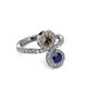 3 - Kevia Blue Sapphire and Smoky Quartz with Side Diamonds Bypass Ring 