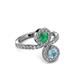 3 - Kevia Aquamarine and Emerald with Side Diamonds Bypass Ring 