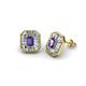 1 - Pamela Iris Emerald Cut Iolite and Baguette Diamond Milgrain Halo Stud Earrings 