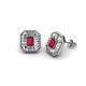 1 - Pamela Iris Emerald Cut Ruby and Baguette Diamond Milgrain Halo Stud Earrings 