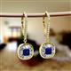 2 - Blossom Iris Princess Cut Blue Sapphire and Baguette Diamond Halo Dangling Earrings 
