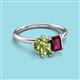 3 - Nadya Pear Shape Peridot & Emerald Shape Rhodolite Garnet 2 Stone Duo Ring 