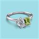 3 - Nadya Pear Shape Forever One Moissanite & Emerald Shape Peridot 2 Stone Duo Ring 
