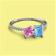 2 - Elyse 6.00 mm Cushion Shape Lab Created Pink Sapphire and 7x5 mm Emerald Shape Blue Topaz 2 Stone Duo Ring 