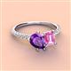 3 - Zahara 9x6 mm Pear Amethyst and 7x5 mm Emerald Cut Lab Created Pink Sapphire 2 Stone Duo Ring 