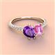 3 - Zahara 9x6 mm Pear Amethyst and 7x5 mm Emerald Cut Lab Created Pink Sapphire 2 Stone Duo Ring 