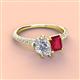 3 - Zahara 9x6 mm Pear Forever One Moissanite and 7x5 mm Emerald Cut Lab Created Ruby 2 Stone Duo Ring 