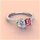 3 - Zahara 9x6 mm Pear Forever One Moissanite and 7x5 mm Emerald Cut Pink Tourmaline 2 Stone Duo Ring 