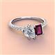 3 - Zahara 9x6 mm Pear Forever One Moissanite and 7x5 mm Emerald Cut Rhodolite Garnet 2 Stone Duo Ring 