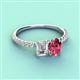 3 - Galina 7x5 mm Emerald Cut Forever Brilliant Moissanite and 8x6 mm Oval Pink Tourmaline 2 Stone Duo Ring 