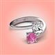 4 - Jianna 6.00 mm Cushion Forever Brilliant Moissanite and Round Lab Created Pink Sapphire 2 Stone Promise Ring 