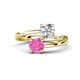 1 - Jianna 6.00 mm Cushion Forever Brilliant Moissanite and Round Lab Created Pink Sapphire 2 Stone Promise Ring 