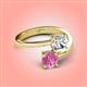 4 - Jianna 6.00 mm Cushion Forever Brilliant Moissanite and Round Lab Created Pink Sapphire 2 Stone Promise Ring 