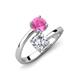 5 - Jianna 6.00 mm Cushion Forever Brilliant Moissanite and Round Lab Created Pink Sapphire 2 Stone Promise Ring 