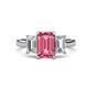 1 - Aletta 9x7 mm Emerald Cut Pink Tourmaline and Lab Grown Diamond Three Stone Engagement Ring 