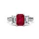 1 - Aletta 9x7 mm Emerald Cut Lab Created Ruby and Lab Grown Diamond Three Stone Engagement Ring 
