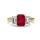 1 - Aletta 9x7 mm Emerald Cut Lab Created Ruby and Lab Grown Diamond Three Stone Engagement Ring 