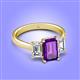 4 - Aletta 9x7 mm Emerald Cut Amethyst and Lab Grown Diamond Three Stone Engagement Ring 