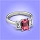 4 - Aletta 9x7 mm Emerald Cut Pink Tourmaline and Lab Grown Diamond Three Stone Engagement Ring 