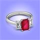 4 - Aletta 9x7 mm Emerald Cut Lab Created Ruby and Lab Grown Diamond Three Stone Engagement Ring 