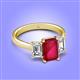 4 - Aletta 9x7 mm Emerald Cut Lab Created Ruby and Lab Grown Diamond Three Stone Engagement Ring 