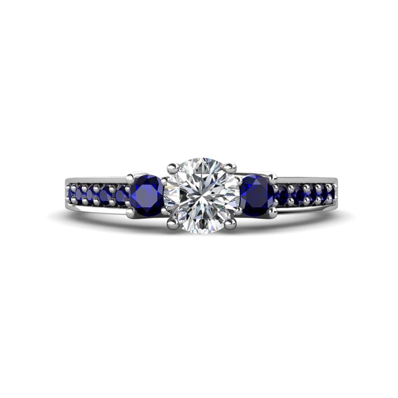 Valene Diamond and Blue Sapphire Three Stone with Side Blue Sapphire Ring 