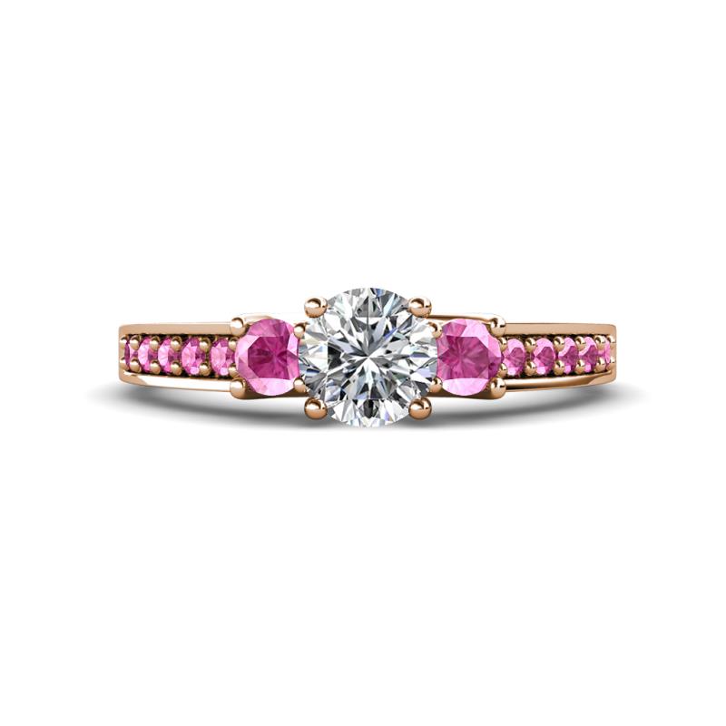 Valene Diamond and Pink Sapphire Three Stone with Side Pink Sapphire Ring 