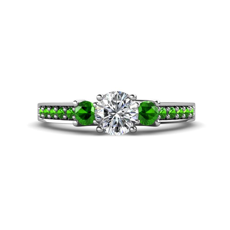 Valene Diamond and Green Garnet Three Stone with Side Green Garnet Ring 