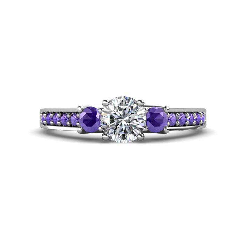 Valene Diamond and Iolite Three Stone with Side Iolite Ring 