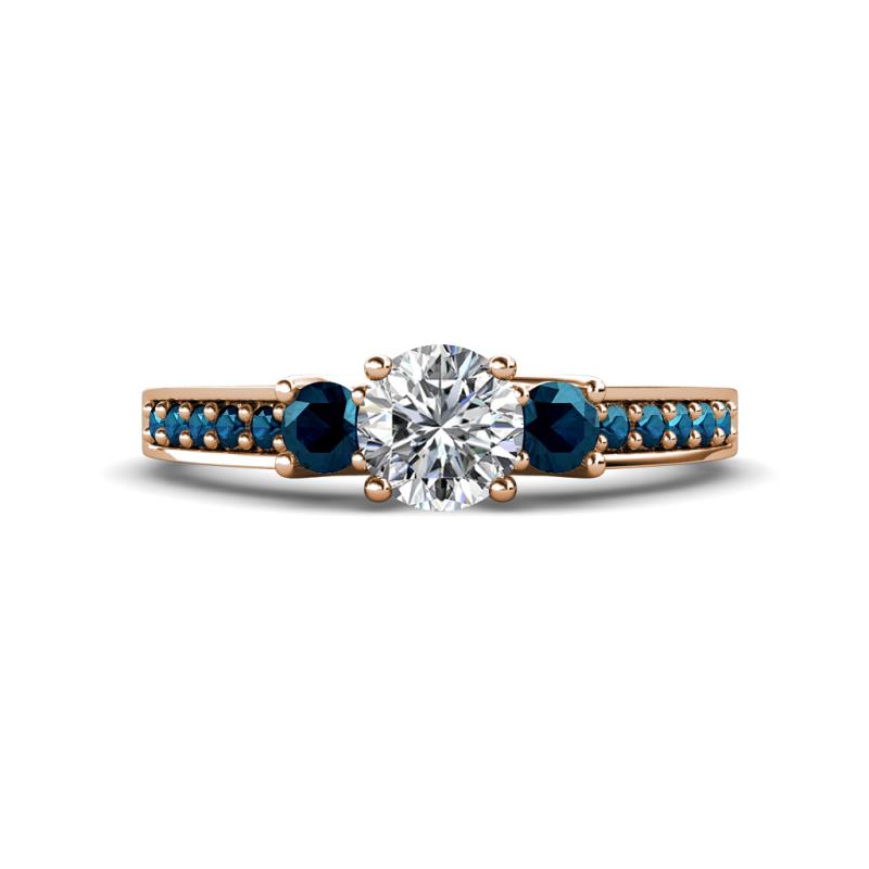 Valene Blue and White Diamond Three Stone with Side Blue Diamond Ring 