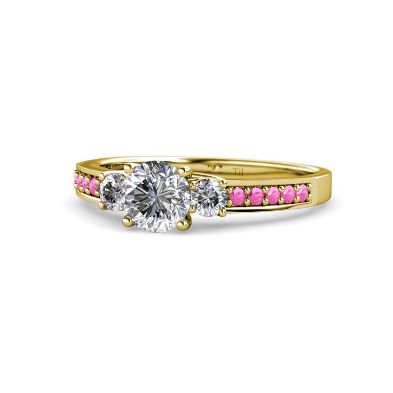 Dzeni Diamond Three Stone with Side Pink Sapphire Ring 