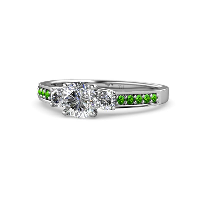Dzeni Diamond Three Stone with Side Green Garnet Ring 