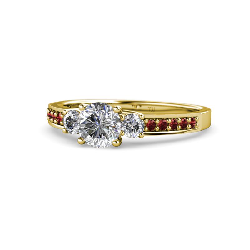 Dzeni Diamond Three Stone with Side Red Garnet Ring 