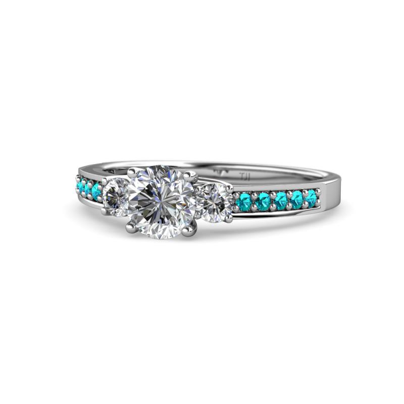 Dzeni Diamond Three Stone with Side London Blue Topaz Ring 