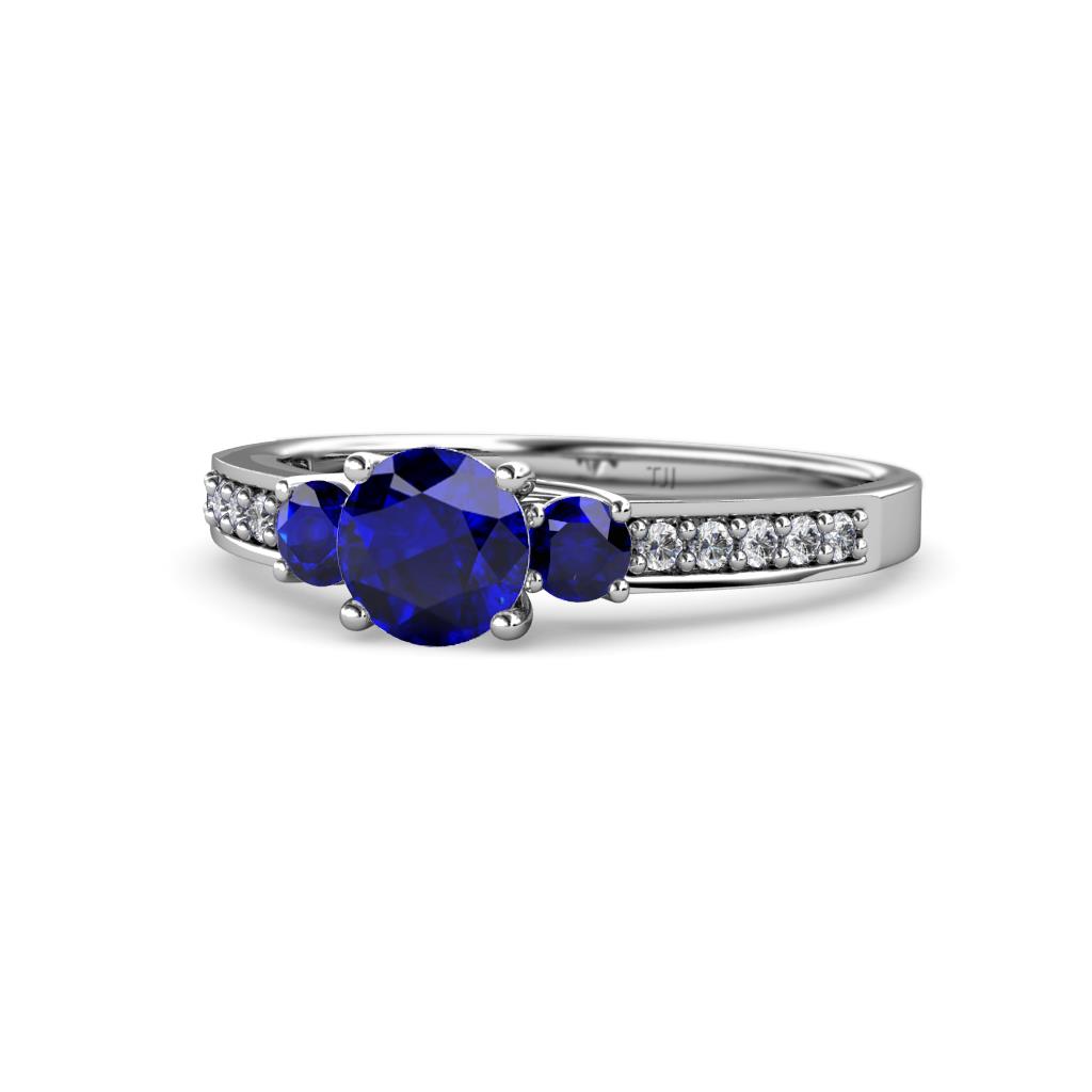 Dzeni Blue Sapphire Three Stone with Side Diamond Ring 