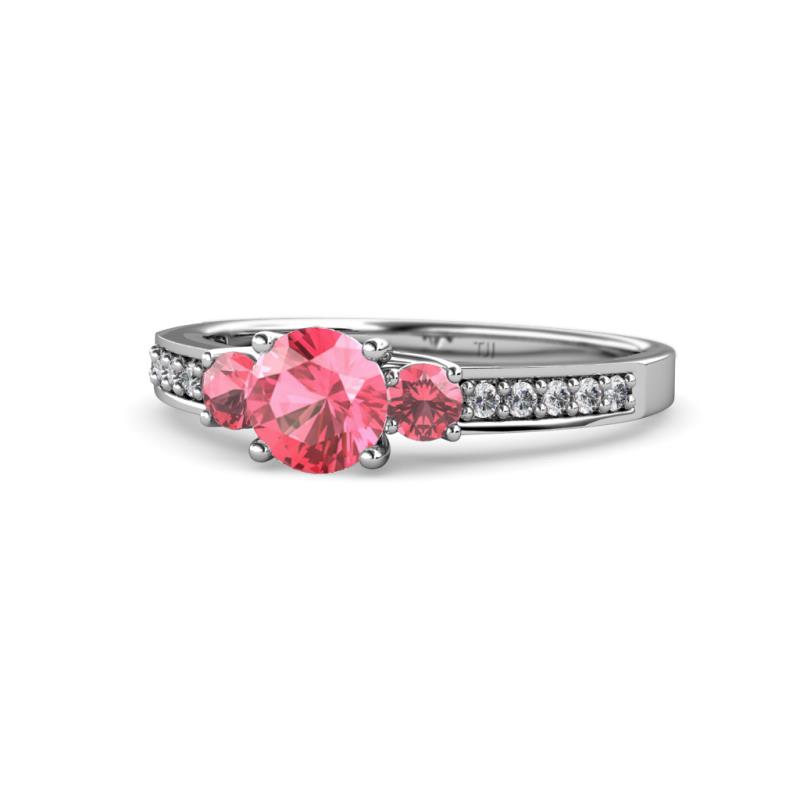 Dzeni Pink Tourmaline Three Stone with Side Diamond Ring 