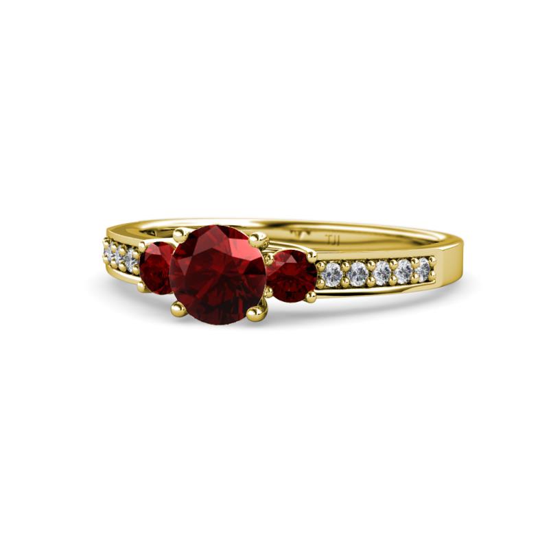 Dzeni Red Garnet Three Stone with Side Diamond Ring 