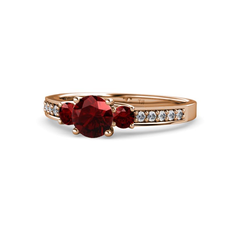 Dzeni Red Garnet Three Stone with Side Diamond Ring 