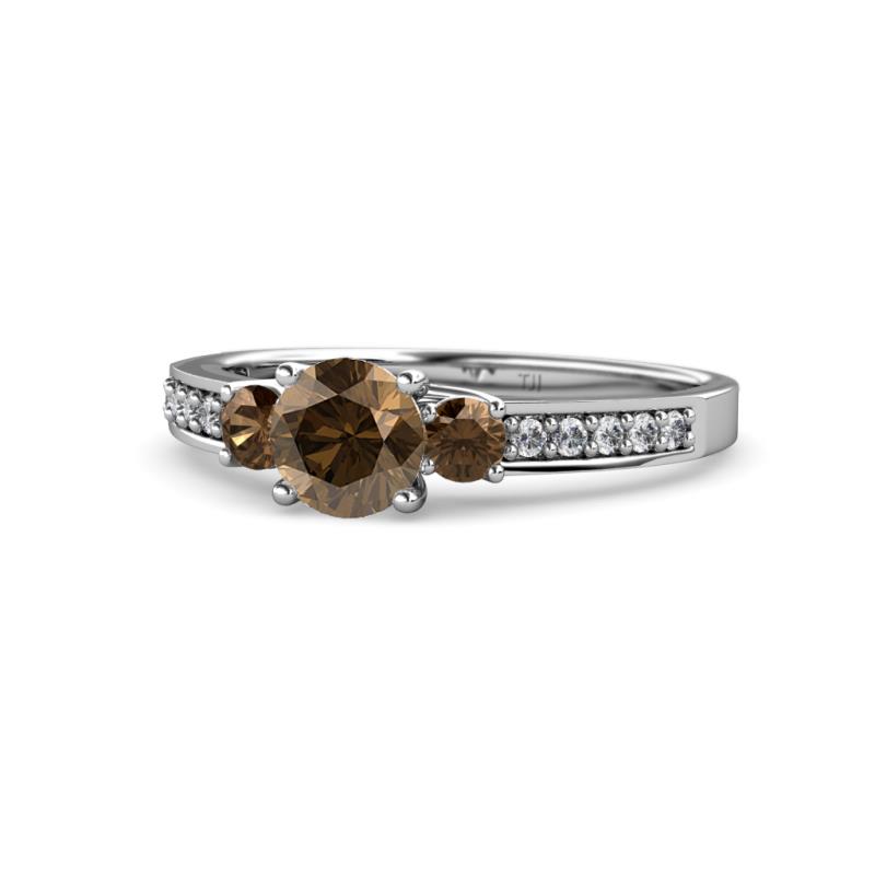 Dzeni Smoky Quartz Three Stone with Side Diamond Ring 