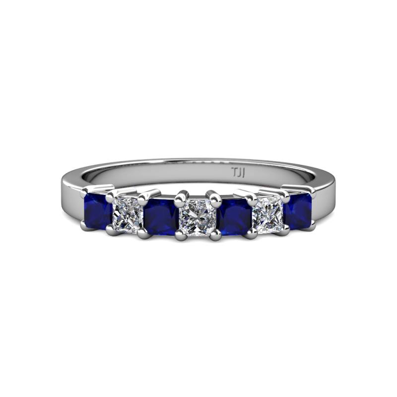 Evia 3.00 mm Princess Cut Blue Sapphire and Diamond 7 Stone Wedding Band 
