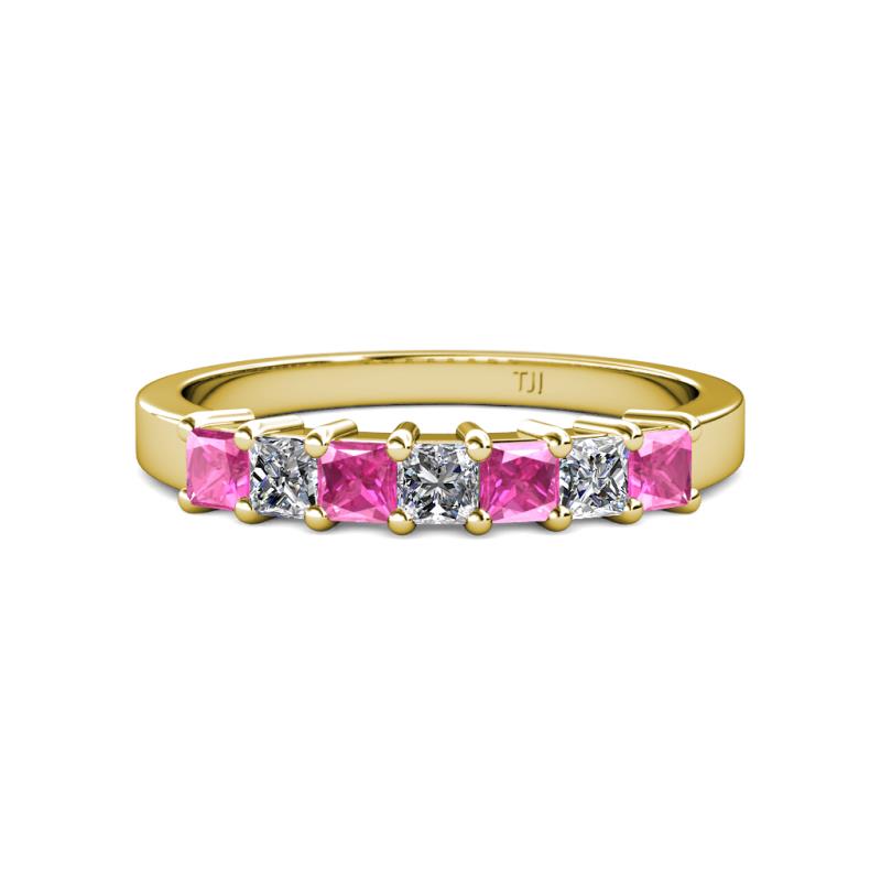 Evia 3.00 mm Princess Cut Pink Sapphire and Diamond 7 Stone Wedding Band 