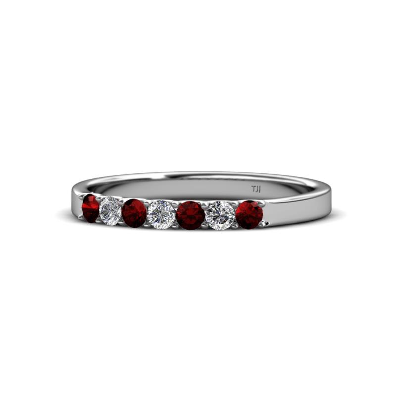 Fiala 2.40 mm Red Garnet and Diamond 7 Stone Wedding Band 