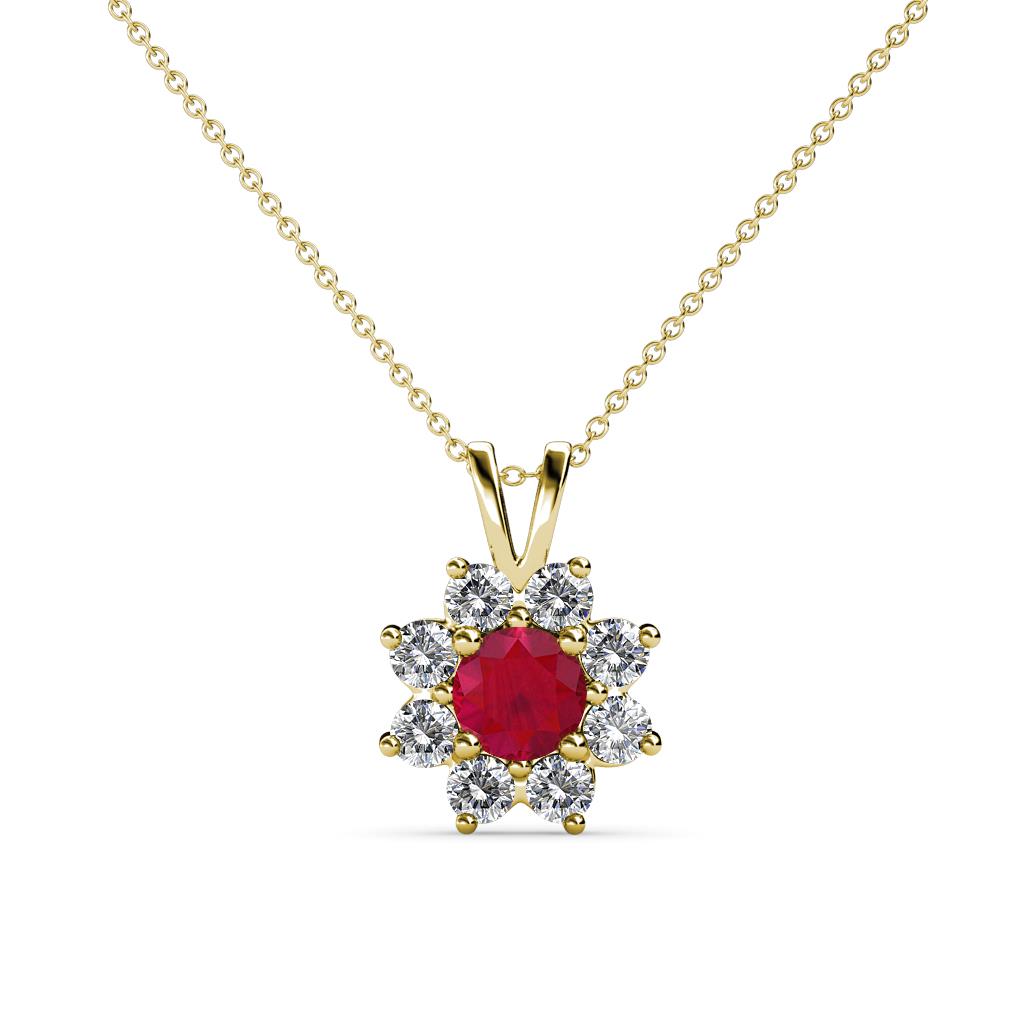 Red Ruby Round Diamond Halo Pendant Necklace 14K Yellow Gold Jewelry 18" 