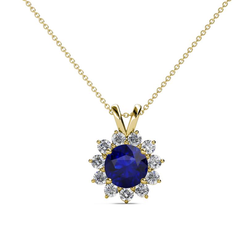 Megan Blue Sapphire and Diamond Floral Halo Pendant 