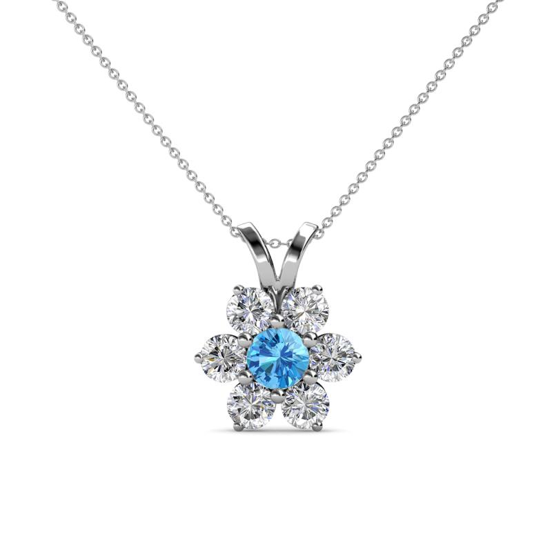 Akina 0.78 ctw (3.80mm) Blue Topaz and Round Natural Diamond Floral Halo Pendant 