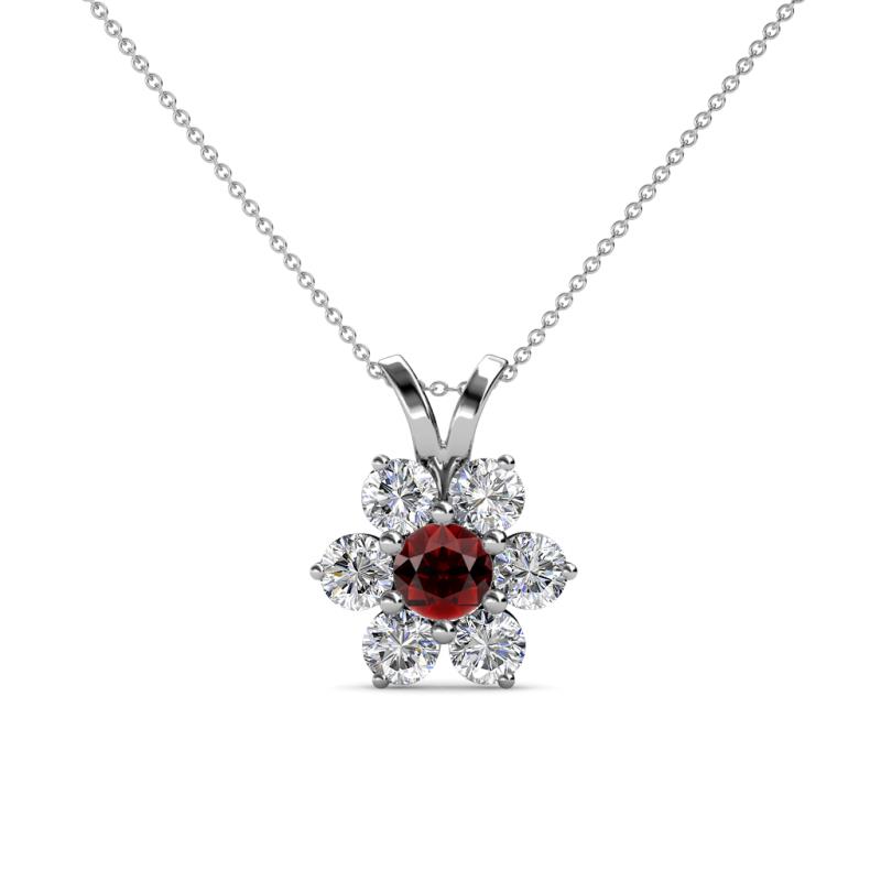 Akina 0.83 ctw (3.80mm) Red Garnet and Round Natural Diamond Floral Halo Pendant 
