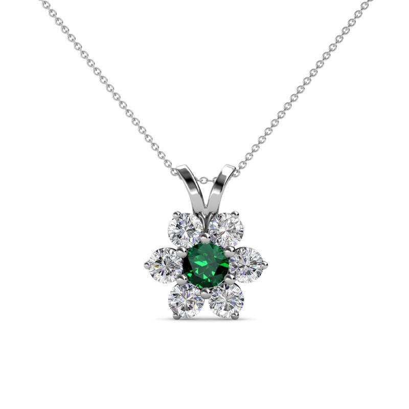 Akina 0.78 ctw (3.80mm) Emerald and Round Natural Diamond Floral Halo Pendant 