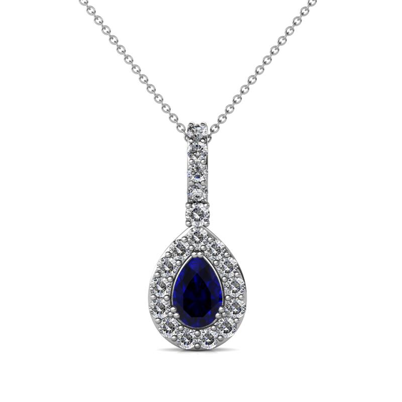Quy 0.96 ctw (6x4 mm) Pear Shape Blue Sapphire and Round Natural Diamond Teardrop Halo Pendant 