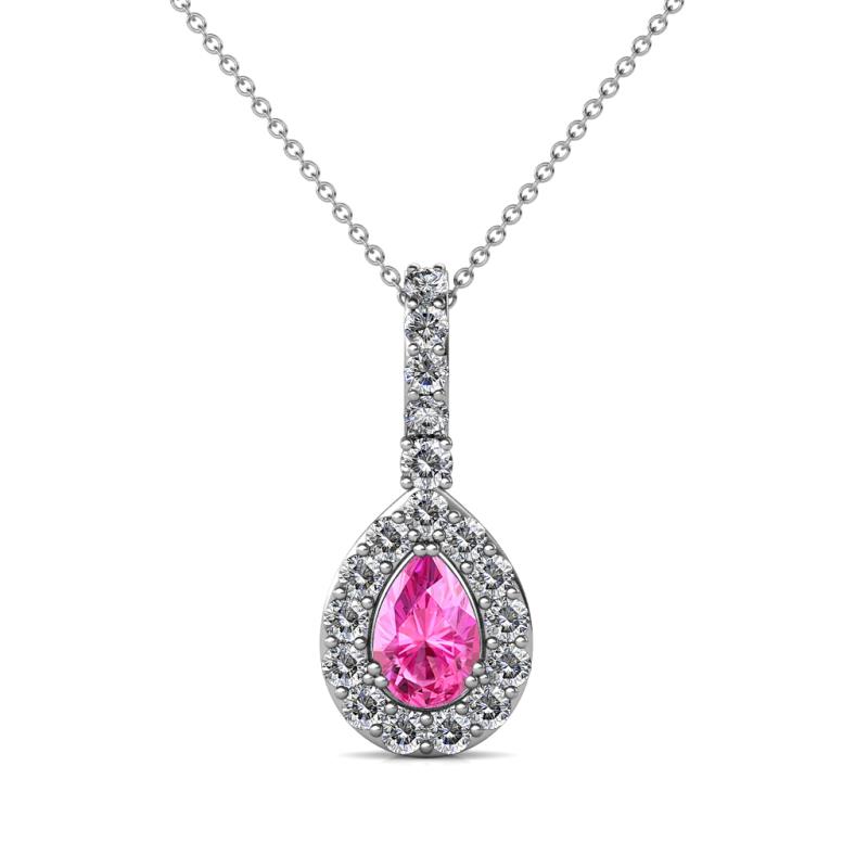Quy 0.96 ctw (6x4 mm) Pear Shape Pink Sapphire and Round Natural Diamond Teardrop Halo Pendant 