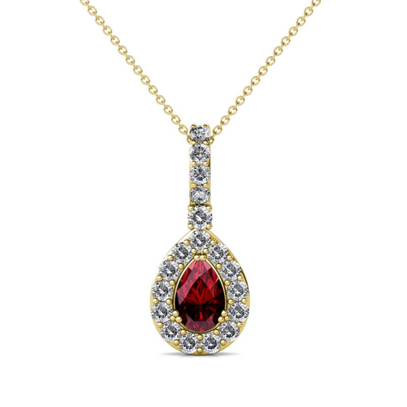 Quy 0.88 ctw (6x4 mm) Pear Shape Ruby and Round Natural Diamond Teardrop Halo Pendant 